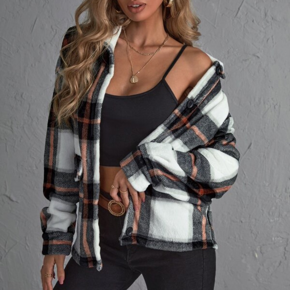 Cozy Plaid teddy Boyfriend Jacket Oversized Shacket - Picture 2 of 5